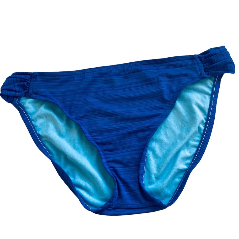 MOSSIMO Blue Striped Print Low-Rise Waist Ruched Sides Bikini LG Swim Bottoms